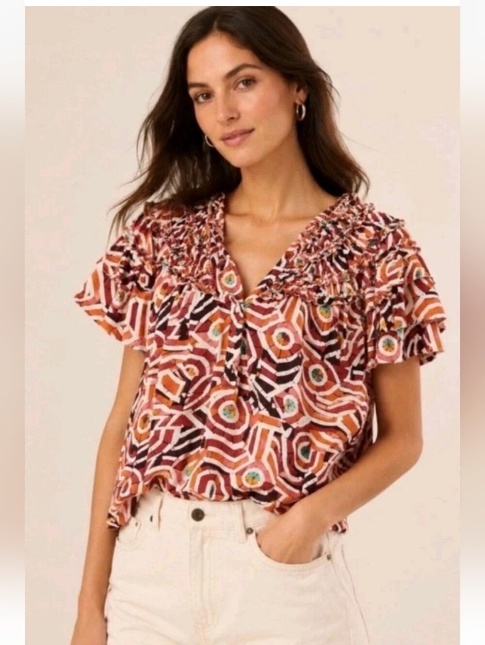 Maeve Short Sleeve Ruffle Yoke Colorful Blouse Anthropologie Size Small
